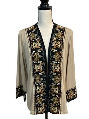 Bob Mackie Tan and Black Jersey Embroidered Kimono Top XS